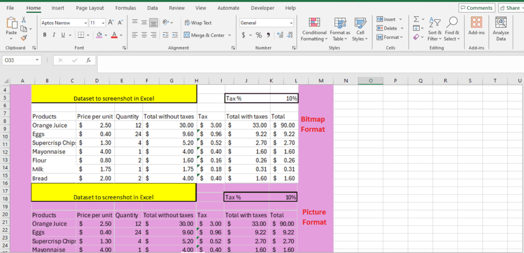 A screenshot of an Excel spreadsheet showing product prices and quantities with tax calculations. The data includes products like oranges, eggs, and flour, with columns for price, quantity, and totals. This example can be useful for learning how to take a screenshot in Excel effectively.