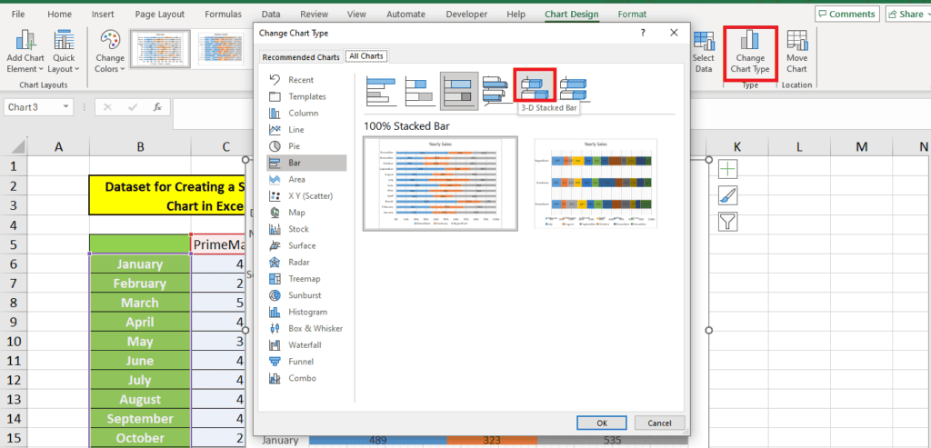 Screenshot of Excel showing the "Change Chart Type" dialog box with different chart options, including a selected "100% Stacked Bar" chart. You can easily create and customize your charts in Excel using this feature. The spreadsheet and ribbon menu are also visible in the background.