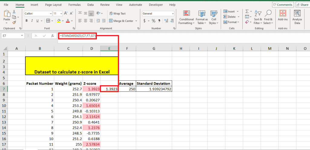 Excel spreadsheet showing a dataset for calculating z-scores. Columns include packet numbers, weights in grams, and computed z-scores. An error in cell E7 is highlighted, illustrating a potential mistake when learning how to calculate z-scores.