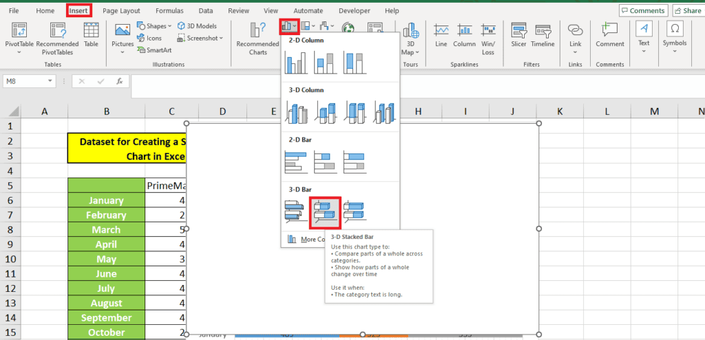 A screenshot of Microsoft Excel displaying the "Insert" tab's chart options. It shows the dropdown for bar charts, highlighting the "3-D Stacked Bar" option with a description. The Excel interface clearly presents various choices for creating visually appealing stacked bar charts.