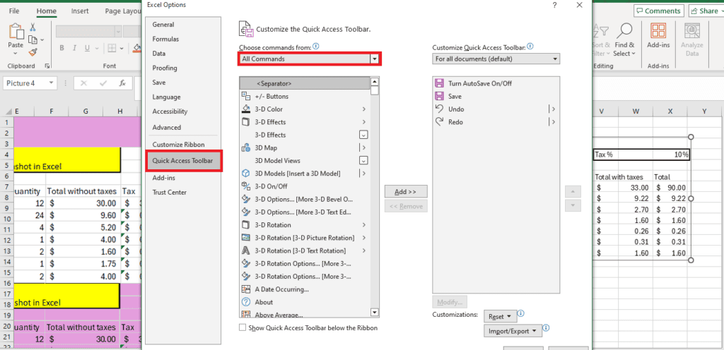 Screenshot of an Excel interface showcasing the "Excel Options" window with the "Customize Ribbon" and "Customize the Quick Access Toolbar" sections highlighted. The spreadsheet, filled with colored cells, demonstrates how to take a screenshot in Excel.