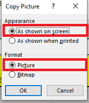 A dialog box titled "Copy Picture" offers options such as "As shown on screen" under Appearance and "Picture" under Format, complemented by OK and Cancel buttons—ideal for those wondering how to take a screenshot in Excel.