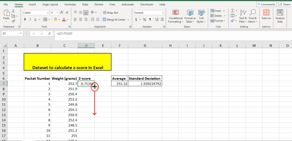 An Excel spreadsheet displaying packet number, weight in grams, z-score, average (251.32), and standard deviation (1.993934792) columns. The z-score for the first packet is highlighted and circled to illustrate how to calculate z-score accurately.


