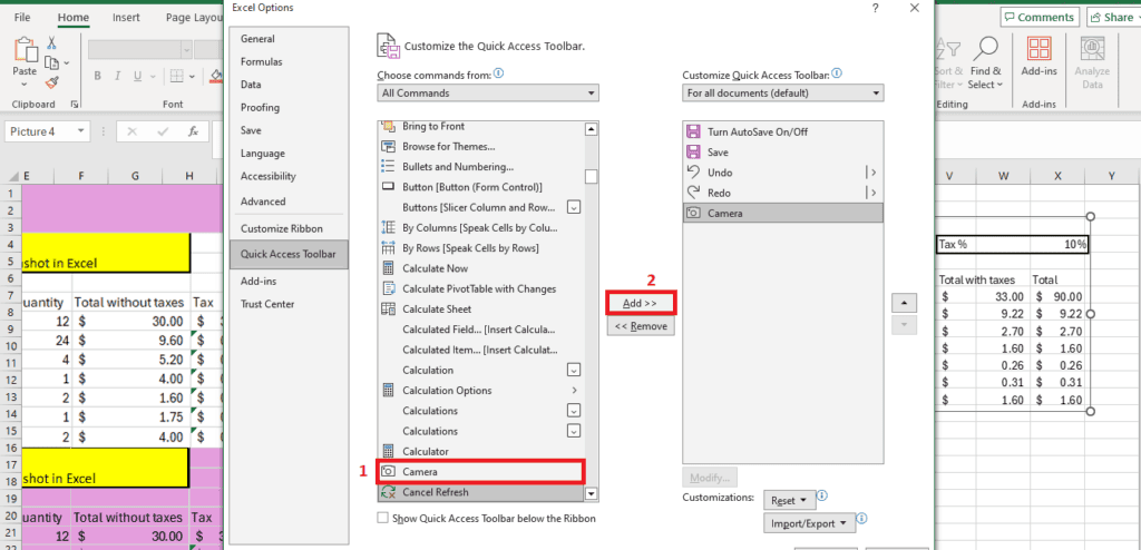 Screenshot of Excel's Options menu showing steps on how to take a screenshot in Excel by adding the Camera tool to the Quick Access Toolbar for capturing cells as images. An example worksheet is shown on the right with taxes calculation.