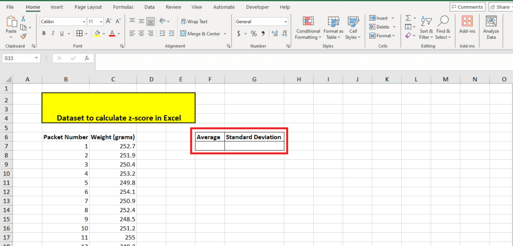 A dataset in Excel showing packet numbers, weight in grams, along with a highlighted section for calculating the average, standard deviation, and how to calculate z-score.