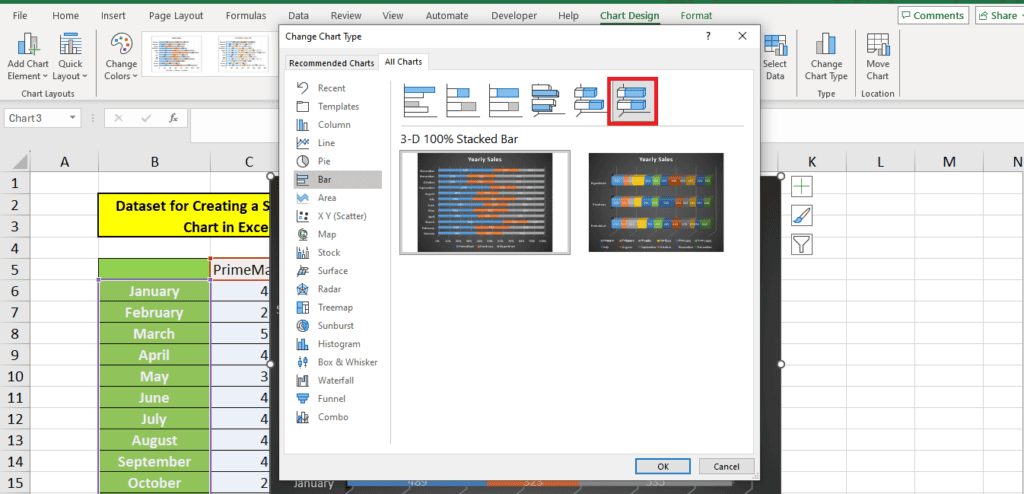 A screenshot of Excel with the "Change Chart Type" dialog box open, showing different chart options, including a stacked bar chart. The background contains a chart and worksheet data, demonstrating how to create visual representations of your data effortlessly.