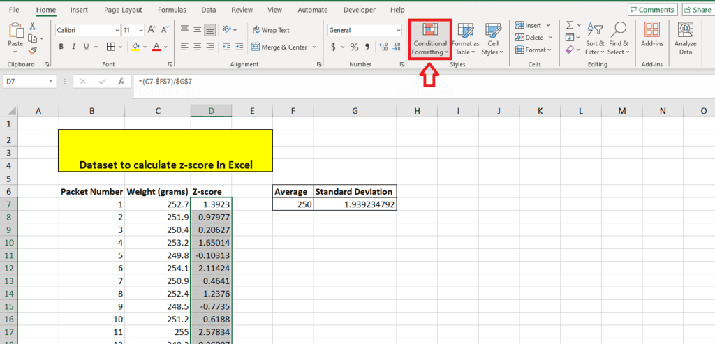 Excel spreadsheet screenshot showing a dataset to calculate z-scores. The dataset includes packet number, weight in grams, and z-score columns, demonstrating how to calculate z-score. The average and standard deviation are displayed.