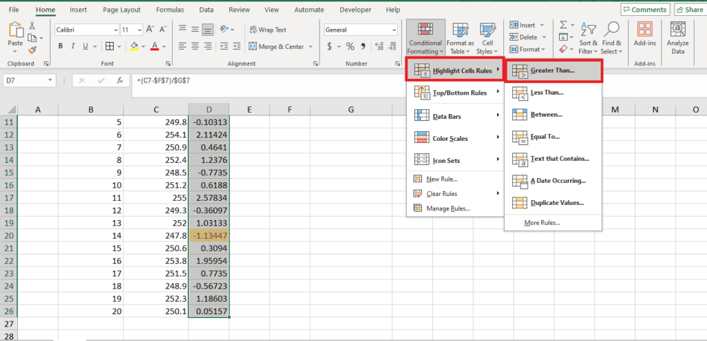 A Microsoft Excel spreadsheet with data in several rows and columns. The "Conditional Formatting" dropdown is open, showing options such as "Highlight Cells Rules" and "Greater Than." Additionally, it provides a quick guide on how to calculate z-score directly within the spreadsheet.