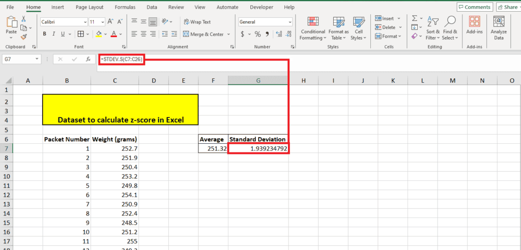 An Excel spreadsheet showing a dataset to calculate z-scores. The data includes packet numbers and weights, with highlighted formula cells demonstrating how to calculate z-score using the average (251.3) and standard deviation (1.993947929).