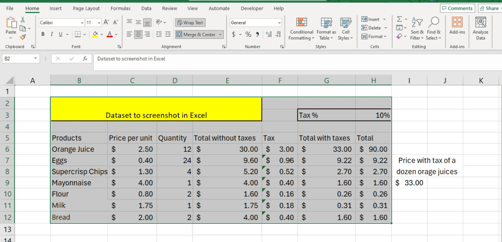 Excel spreadsheet screenshot displaying a dataset. The table includes products, price per unit, quantity, total without taxes, tax, and total with taxes. There's also a calculation of the total price for a dozen orange juices. For those interested in capturing this data, learn how to take a screenshot in Excel easily.