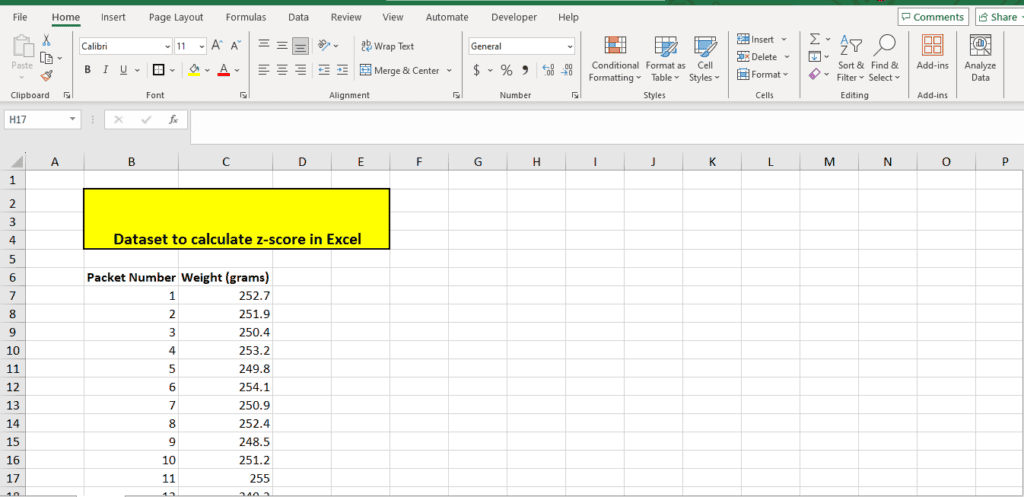 An Excel spreadsheet displaying a dataset to calculate z-scores. The dataset comprises packet numbers and weights in grams, providing a clear example of how to calculate z-score for each packet.