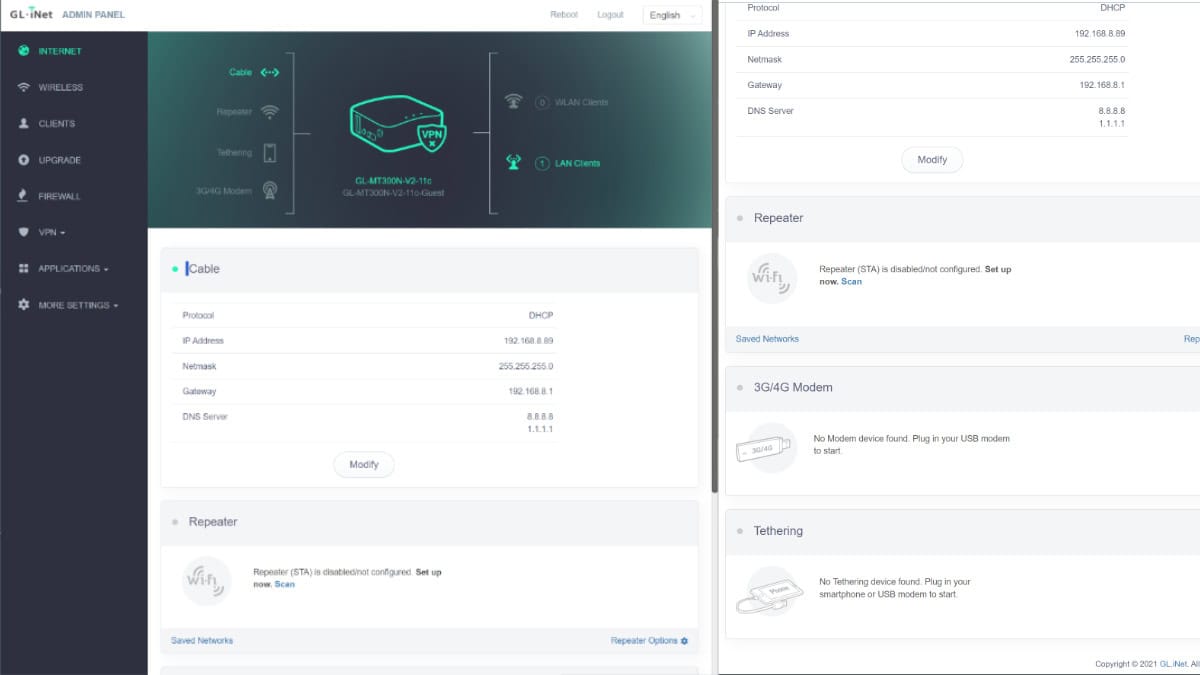 GL.iNet GL-MT300N-V2 Mango web dashboard, Image by PC Guide