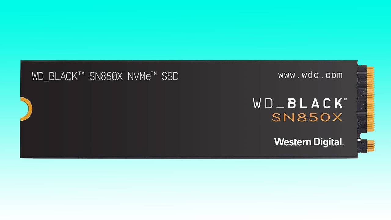 A Western Digital WD_BLACK SN850X NVMe SSD, available on Amazon, against a gradient turquoise background.