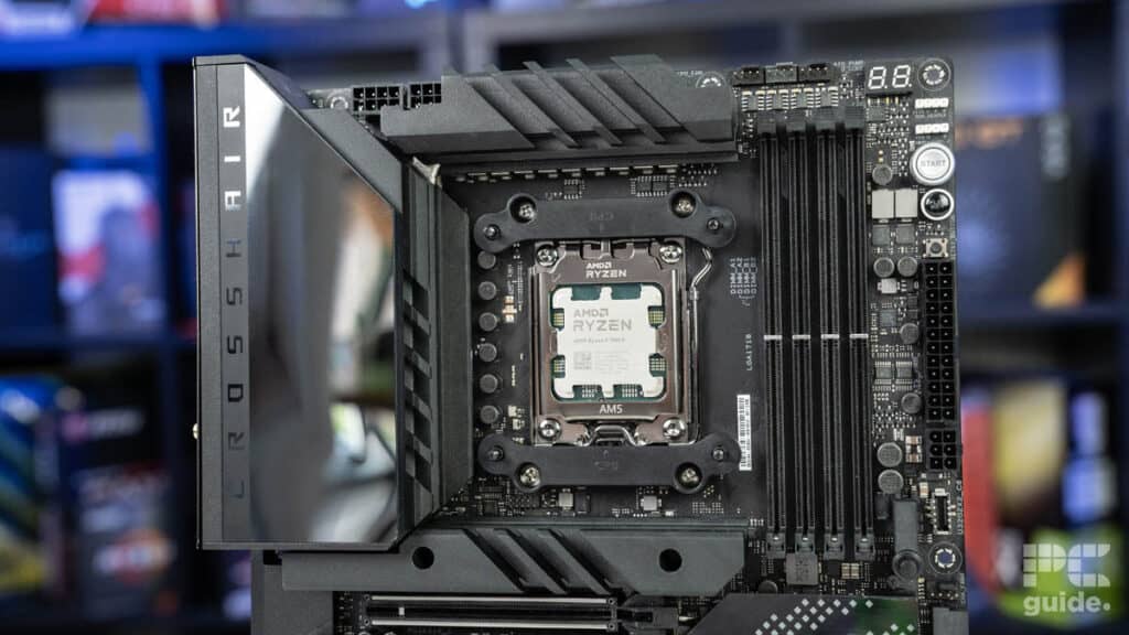 Crosshair X670E Hero showing top half of motherboard 