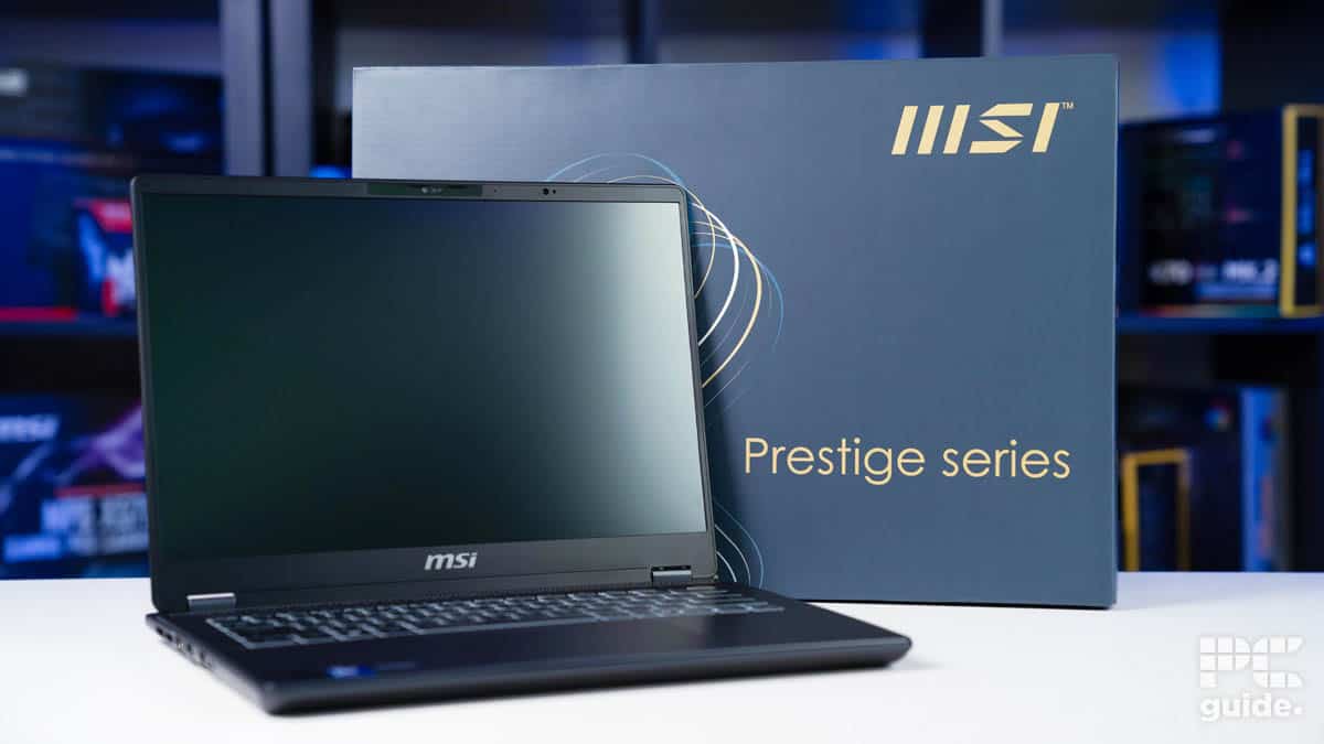 MSI Prestige 14 AI Evo laptop and box, Image by PC Guide