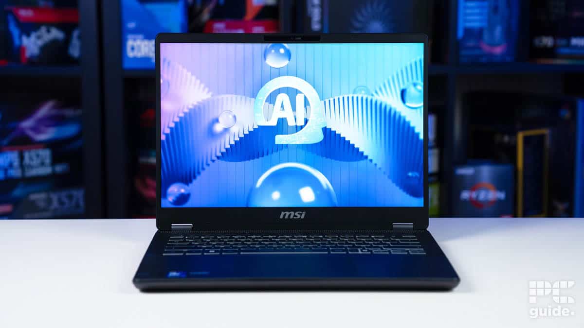 MSI Prestige 14 AI Evo laptop on front, Image by PC Guide