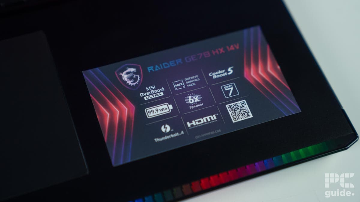 MSI Raider GE78 HX 14VHG spec sticker, Image by PC Guide