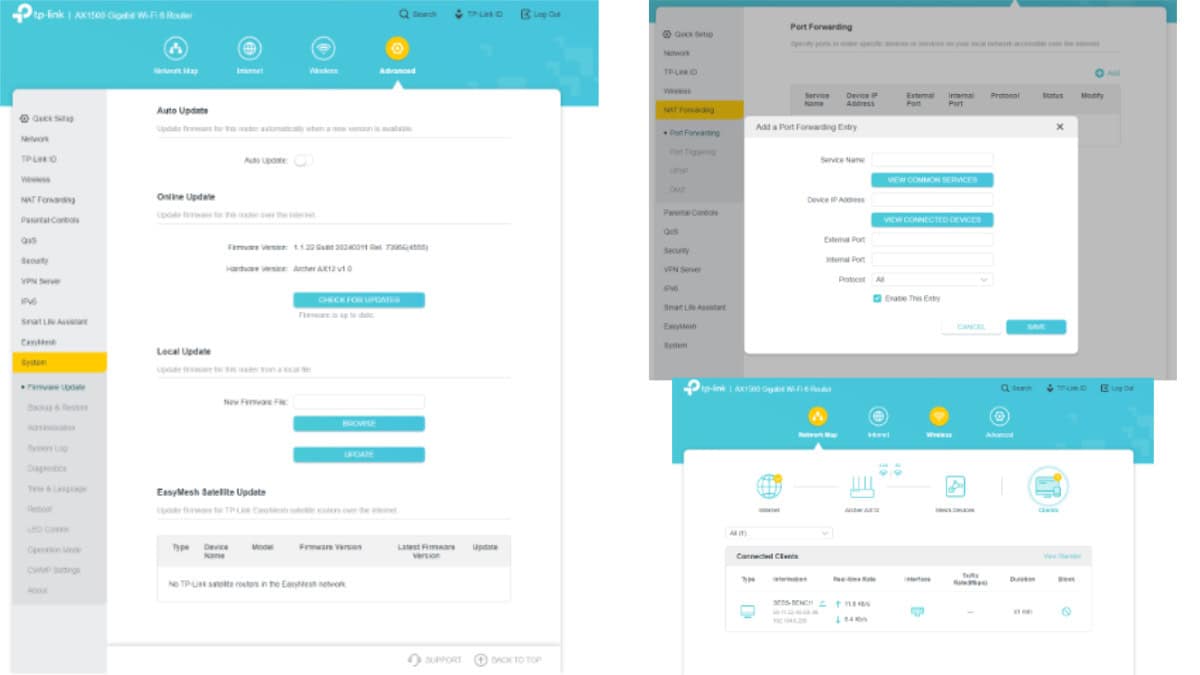 TP-Link Web interface with update, port forward, and connected clients, Image by PC Guide