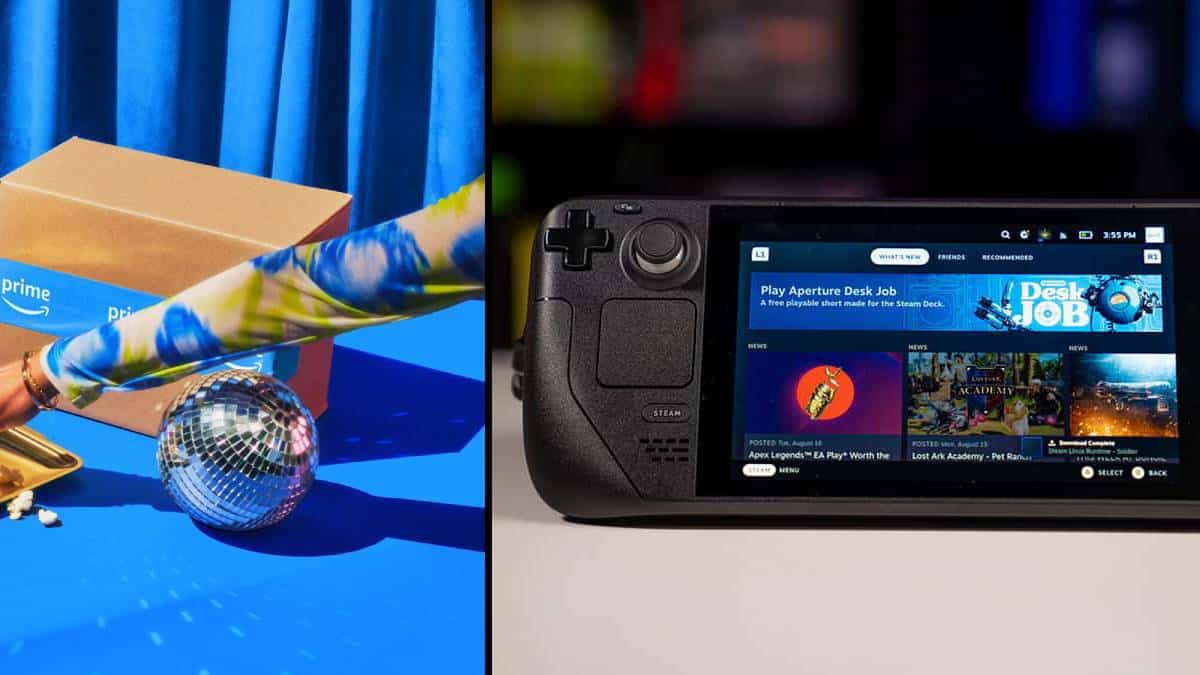 Steam Deck handheld with Amazon Prime marketing graphic