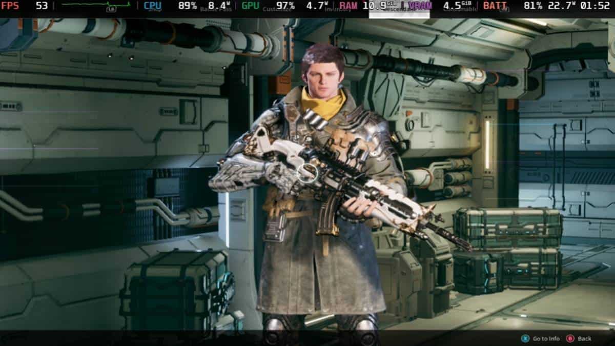 The First Descendant gameplay screenshot with benchmarking toolbar
