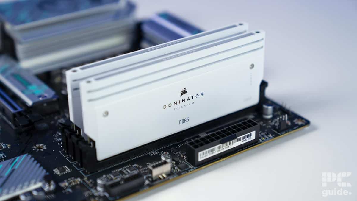 Corsair Dominator Titanium RGB 64GB 6600MTs CL32 on motherboard, Image by PC Guide