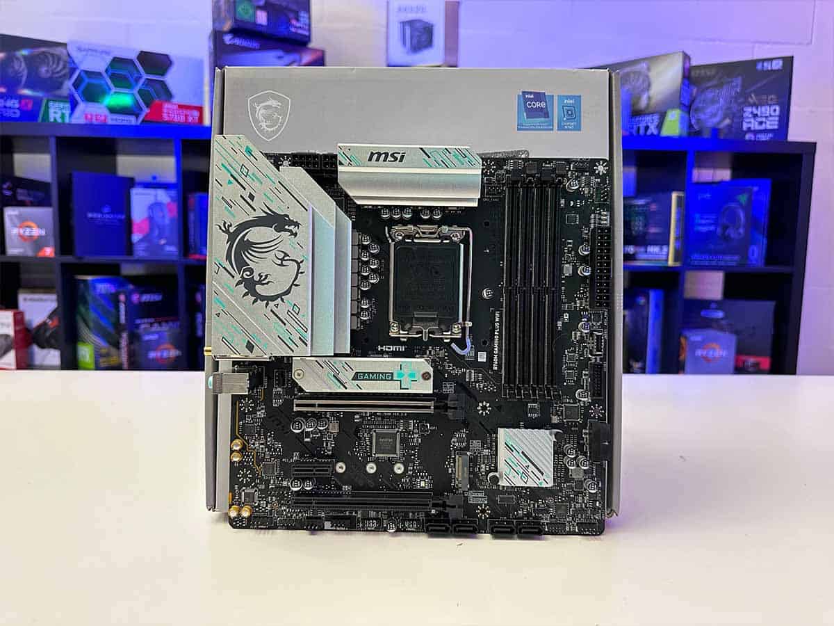 MSI B760 Gaming Plus WiFi infront of box