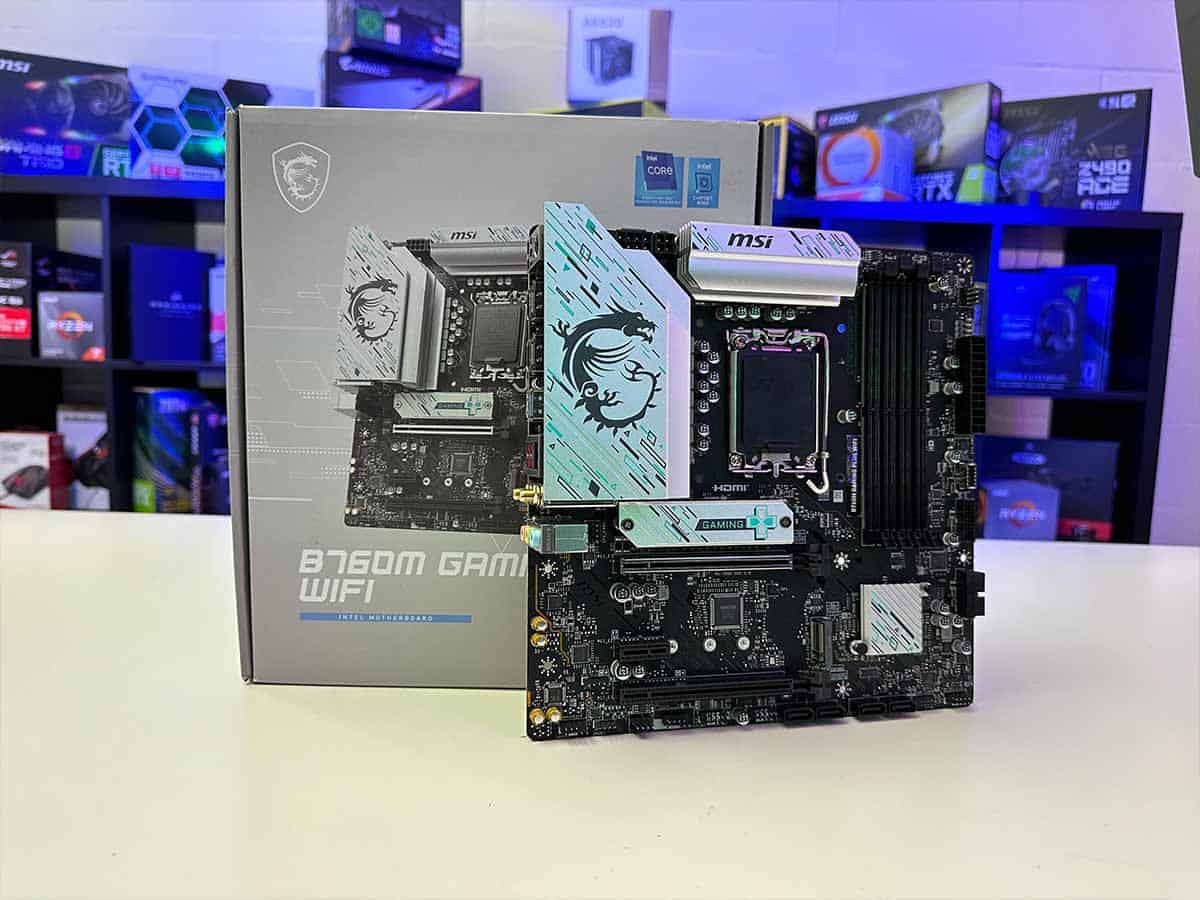 MSI B760 Gaming Plus WiFi next to box