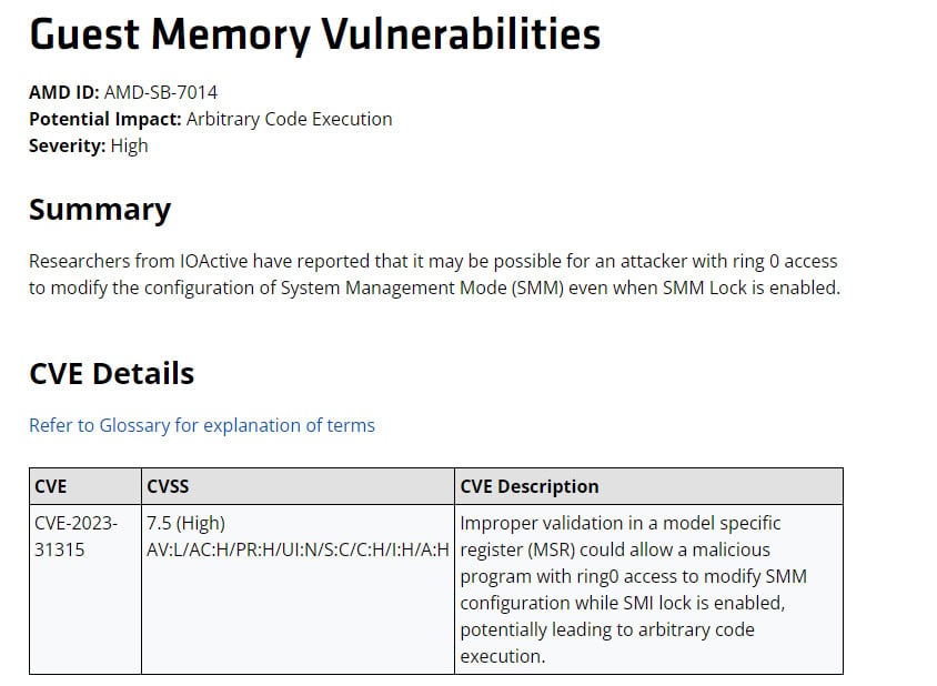 Sinkclose vulnerability security document, Source AMD