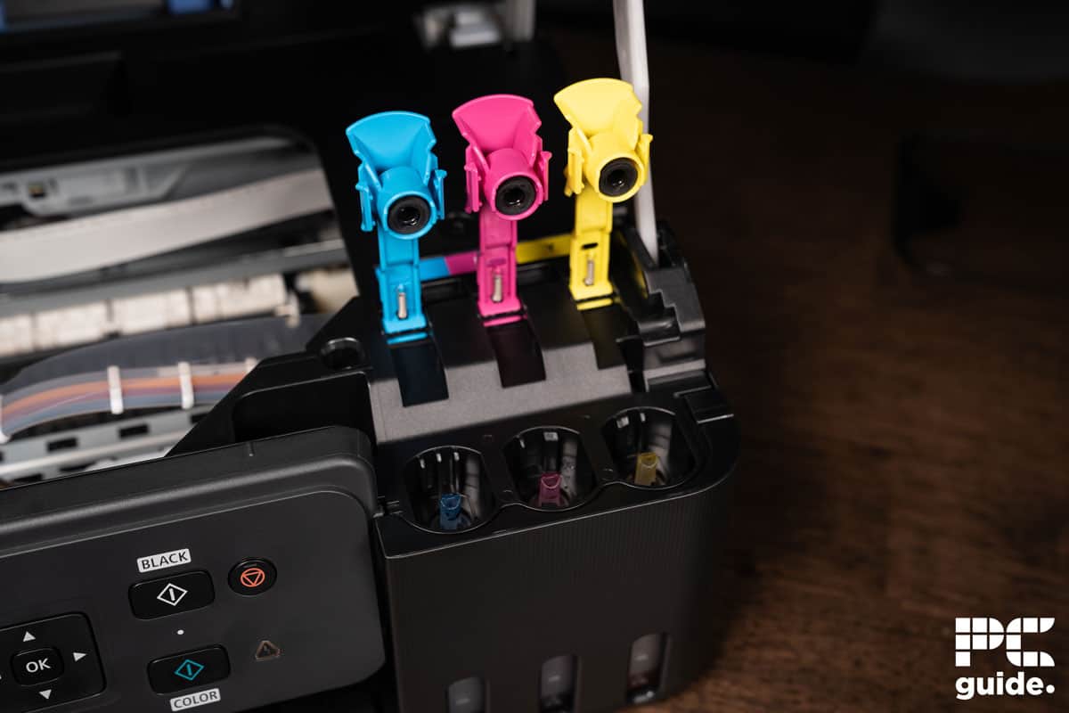 Canon PIXMA G3570 ink tank open, Image by PC Guide