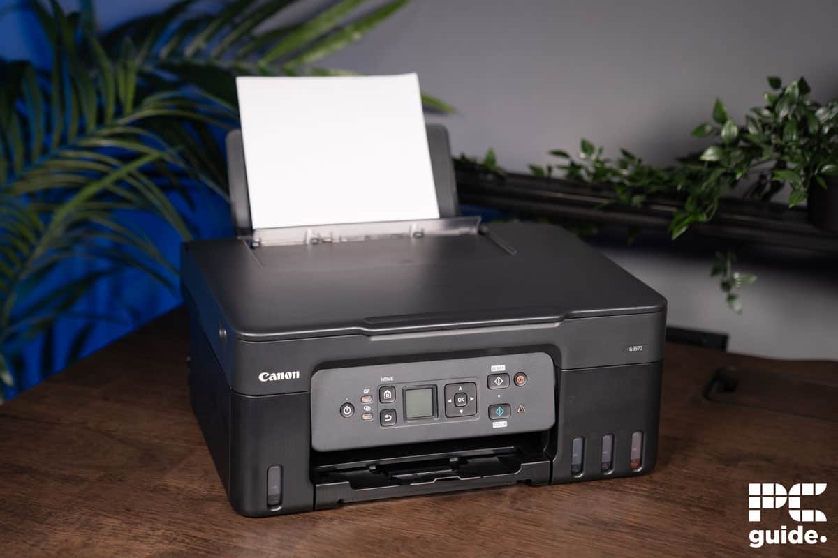 Canon PIXMA G3570 printer with paper, Image by PC Guide