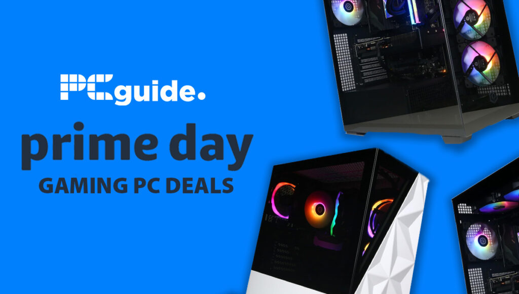Blue background with three PCs on the right side with PCGuide Prime Day gaming PC deals written on the left.