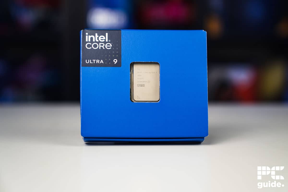 Intel Core Ultra 9 285K front on in box, Image by PC Guide