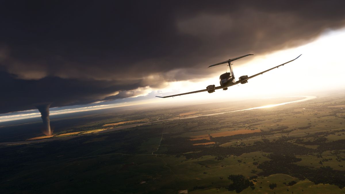 A plane flying into a storm