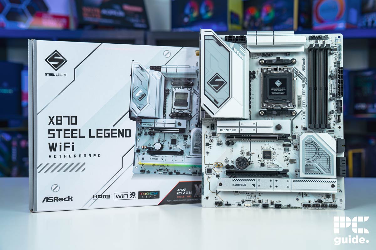 ASRock X870 Steel Legend in front of box, Image by PC Guide