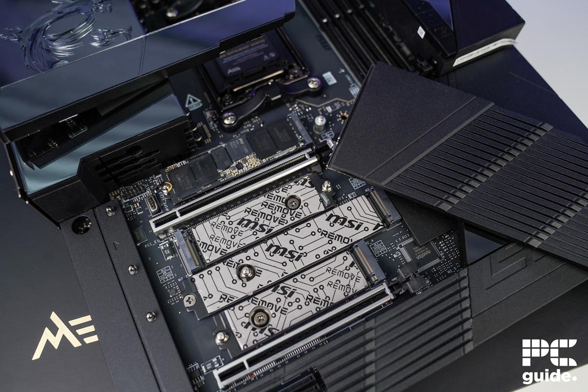 MSI MEG X870E Godlike NVMe slots, Image by PC Guide
