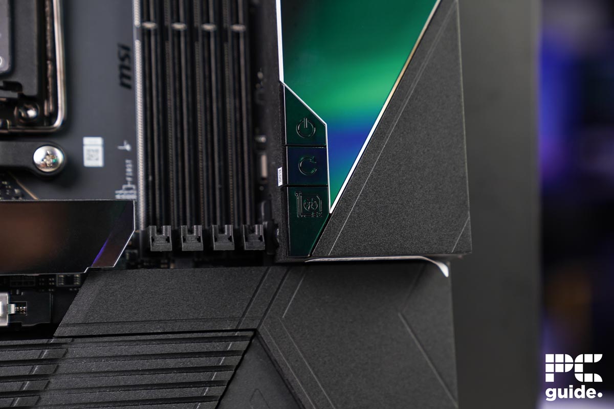 MSI MEG X870E Godlike onboard buttons and release, Image by PC Guide
