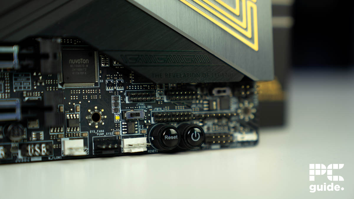 MSI MEG Z890 ACE bottom connectors and buttons, Image by PC Guide