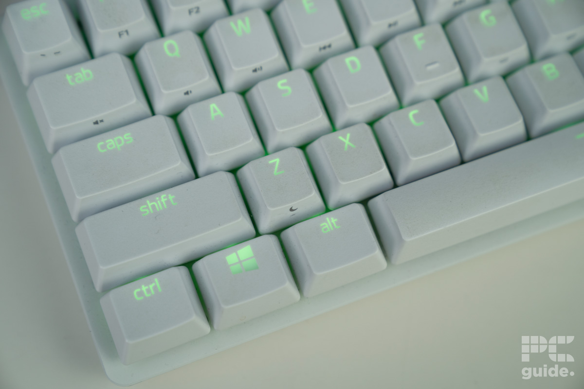 Razer Huntsman Mini Mercury bottom left on, Image by PC Guide