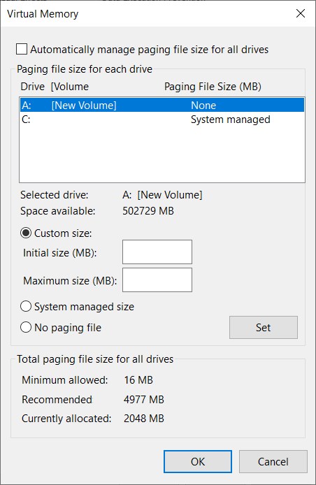Virtual Memory settings