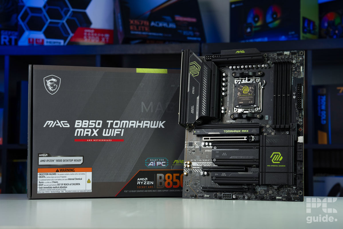 MSI MAG B850 Tomahawk Max WiFi mobo and box, Image by PC Guide