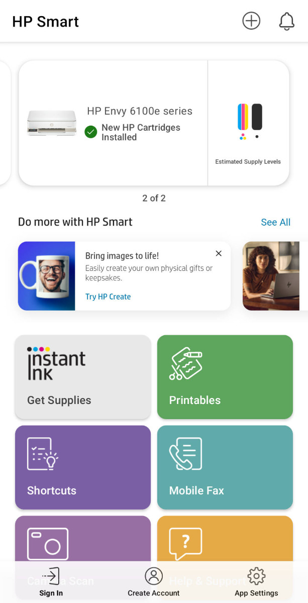 HP Envy 6120e HP Smart dashboard, Image by PC Guide