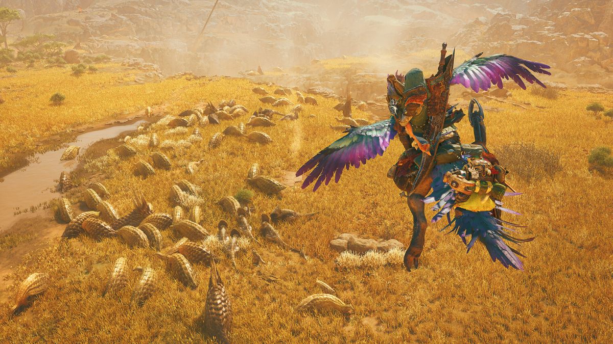 A character flying above creatures