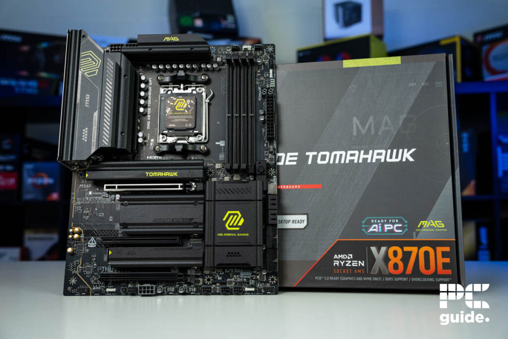 MSI MAG X870E Tomahawk WiFi in front of box, Image by PC Guide
