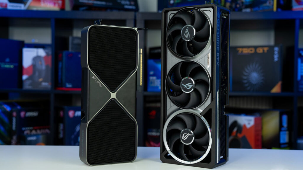 RTX 5080 Founders Edition and ROG Astral RTX 5080 stood up on table