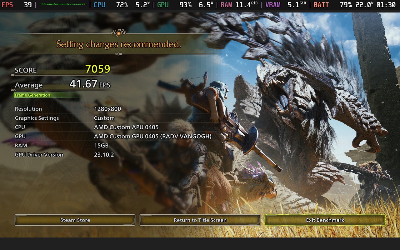Steam Deck Monster Hunter Wilds benchmark with frame gen ON