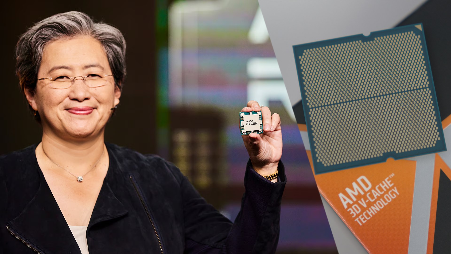AMD CEO Lisa Su holding AMD Ryzen chip with 9800X3D box splitscreen