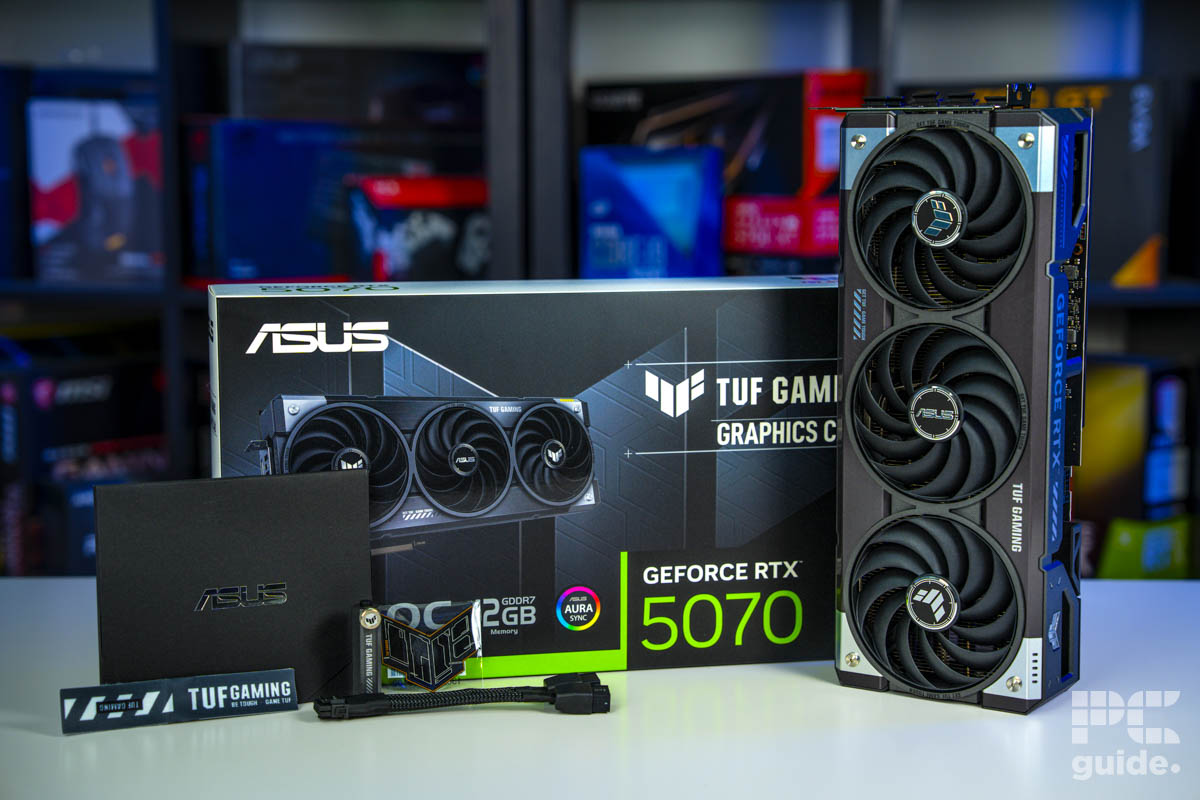 ASUS TUF Gaming GeForce RTX 5070 OC card and box contents, Image by PC Guide