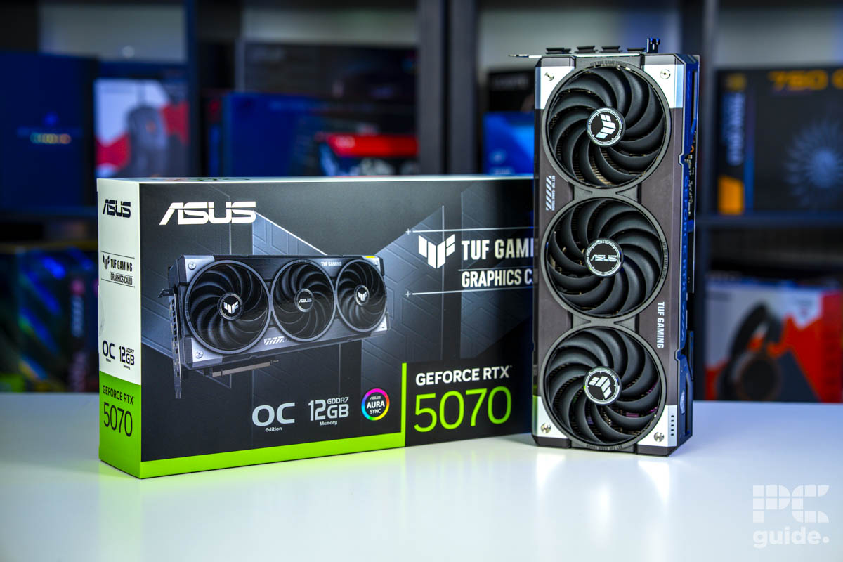 ASUS TUF Gaming GeForce RTX 5070 OC vertical with box, Image by PC Guide