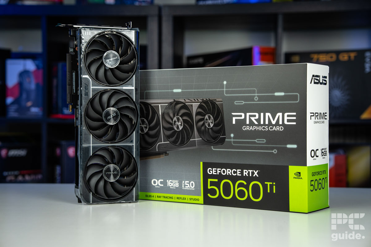 ASUS Prime RTX 5060 Ti 16GB OC card in front of box, Image by PC Guide