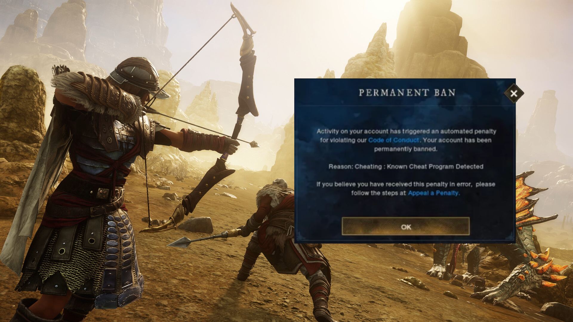 New World screenshot with permanent ban message box